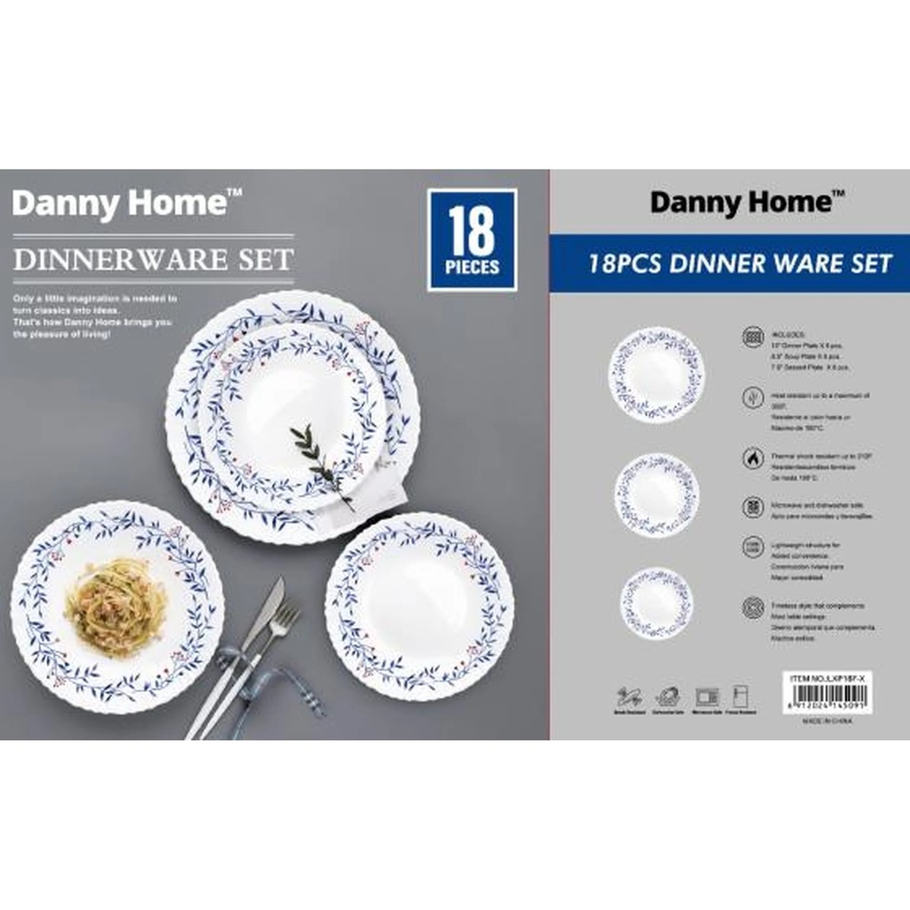SET VAJILLA CENA VIDRIO OPAL DISEÑO AZUL 18 PZS